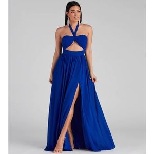 Royal Blue Formal Halter Cutout Chiffon Long Dress